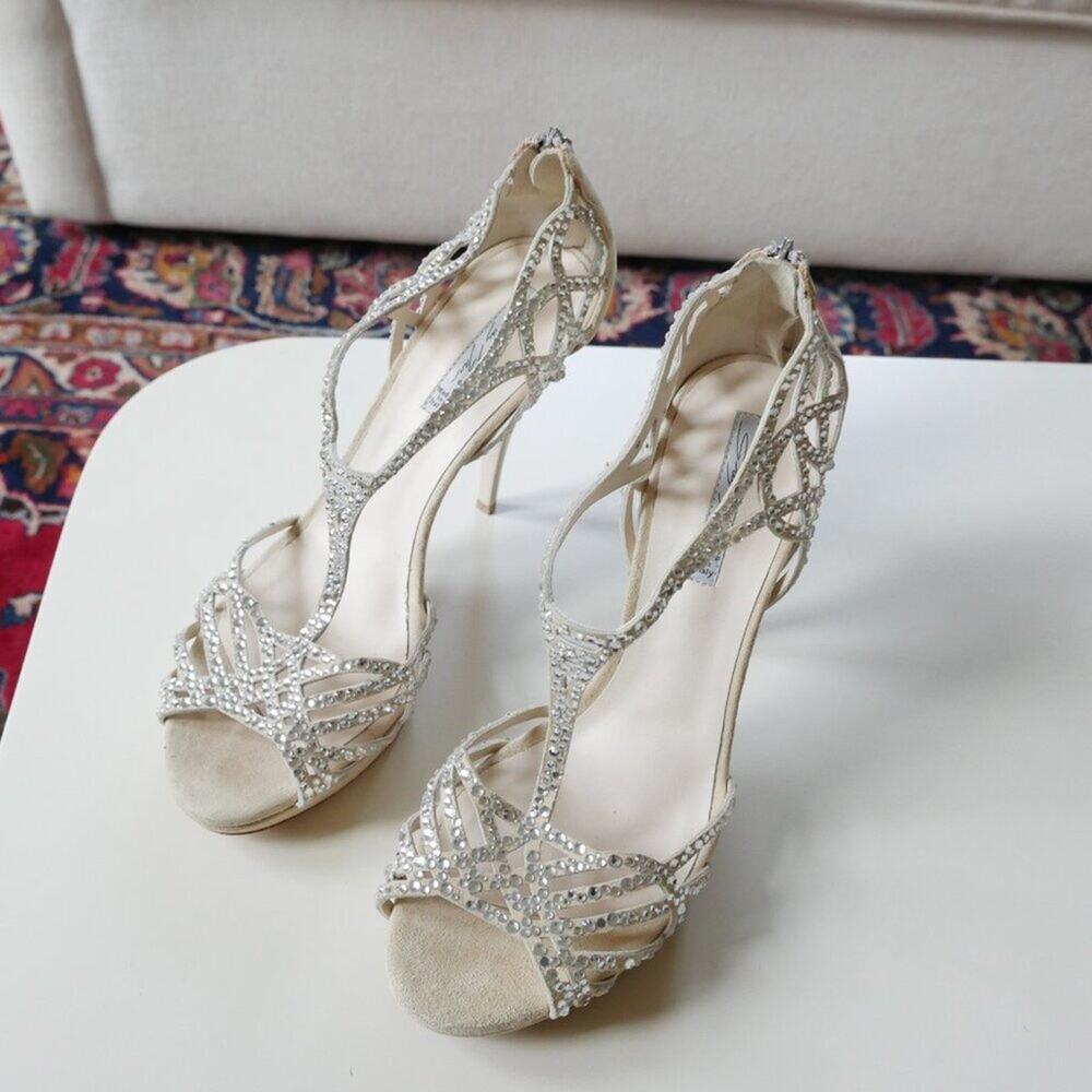 Grey Mer Italy Crystal Heels made in Italy Strappy Sandals suede 8.5 9 - Picture 9 of 11